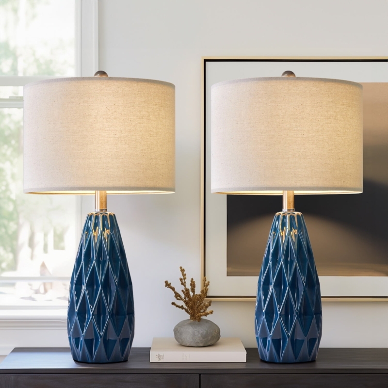 Geometric Table Lamps: Faceted Navy Ceramic Set
