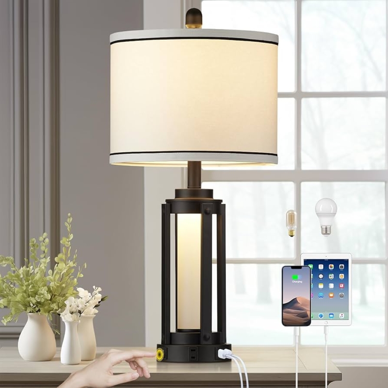 Geometric Wire Table Lamp Black Metal Glass Shade USB AC Outlet