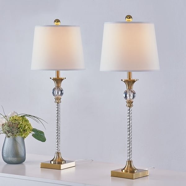 Glam Buffet Lamp, Polished Metal and Clear Column, Drum Shade