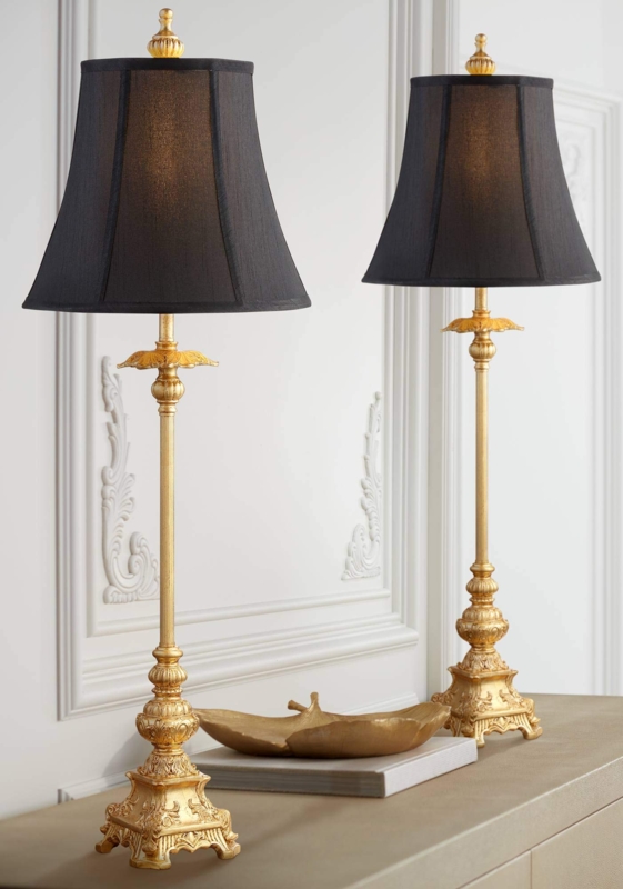 Glam Buffet Lamps, Polished Metal Candlestick Base, Black Bell Shade