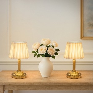 Glam Cordless Table Lamp Brass Finish Drum Shade Moody Setting