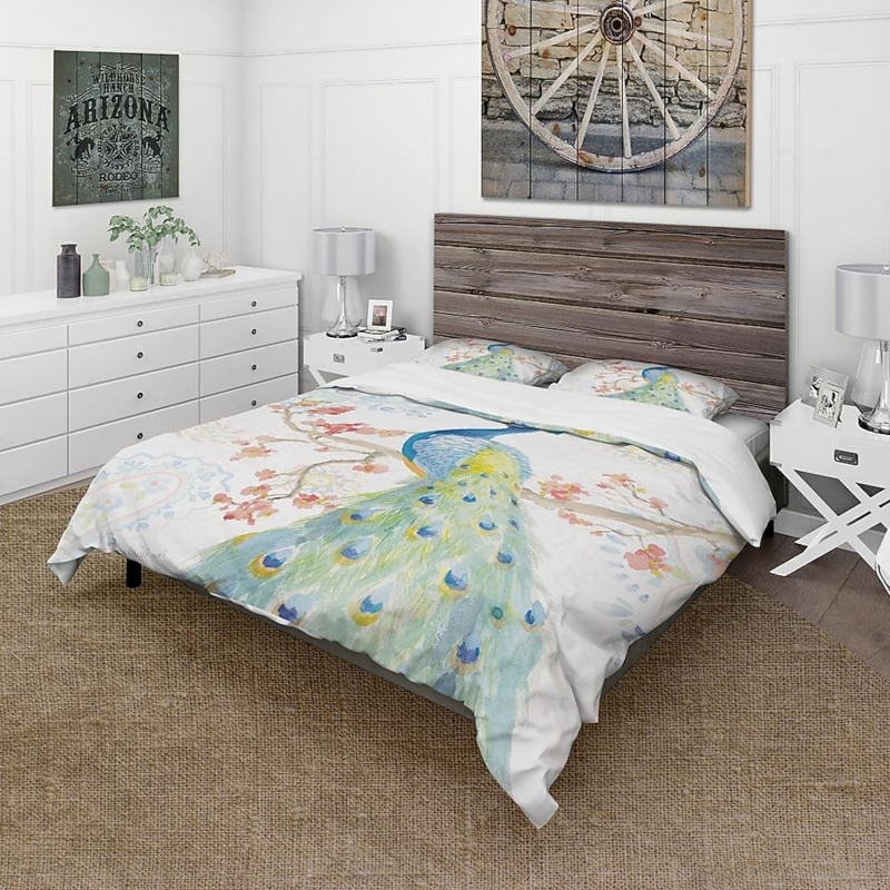 Glam Duvet Cover Set Watercolor Peacock Illustration Teal Violet
