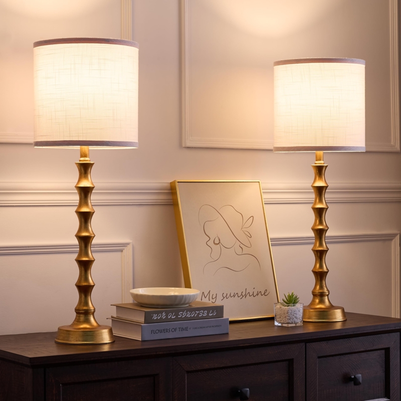Glam Table Lamp Set, Polished Finish, White Rectangular Shades