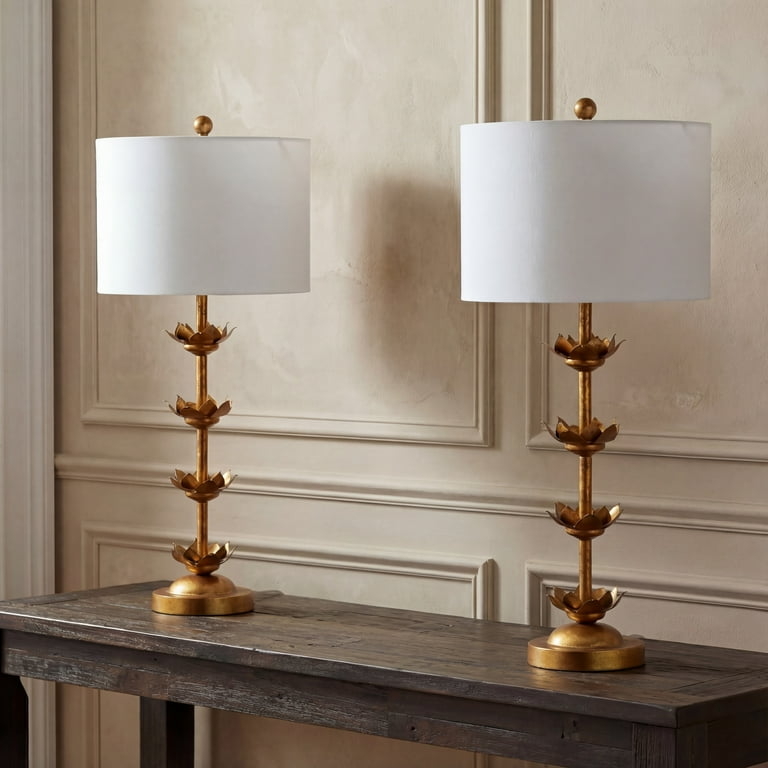 Glam Table Lamp Set Sculptural Leaf Motif Antique Gold Finish