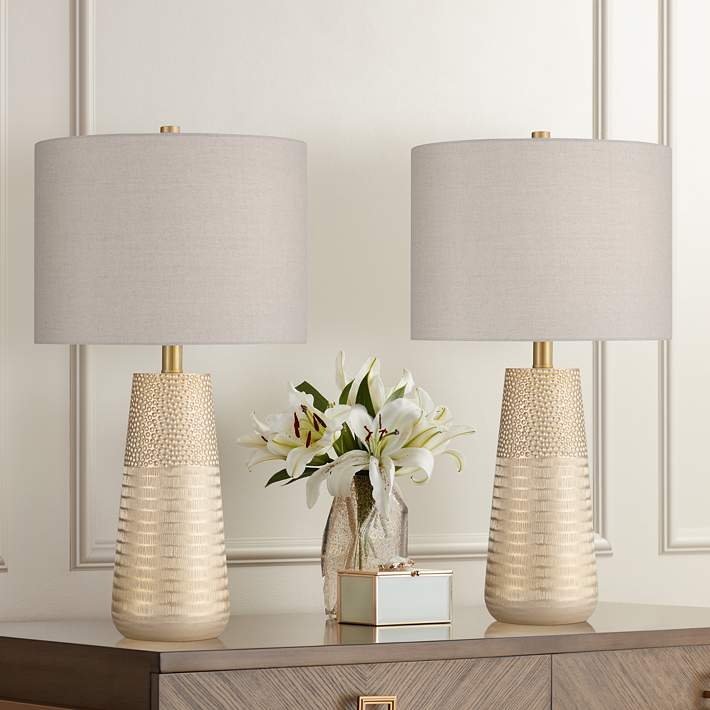 Glam Table Lamp Set, Textured Gold Base, Rectangular White Shade