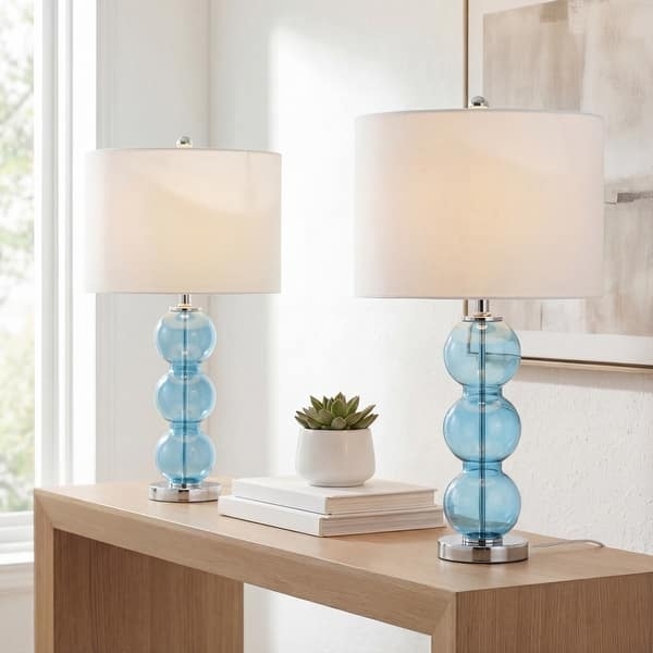 Glam Table Lamp Set Triple Sphere Mercury Glass White Drum Shade