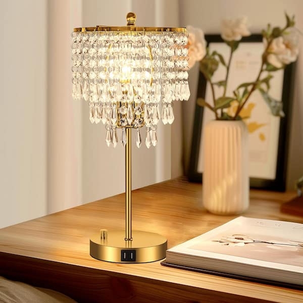 Glam Table Lamp with Gold and Crystal Stacked Base and USB Ports