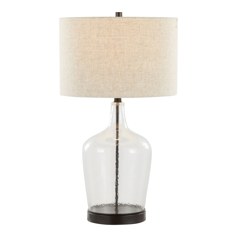 Glass Bottle Base Lamp Pair with Clear Glass and Linen Shade.