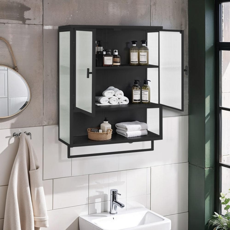 Glass Front Wall Cabinet with Integrated Towel Bar