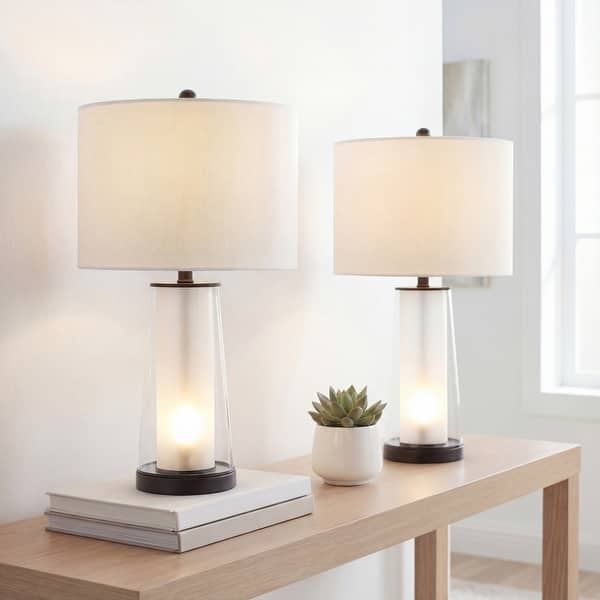 Glass Table Lamp Set, Clear Cylinder Base, Integrated Nightlight
