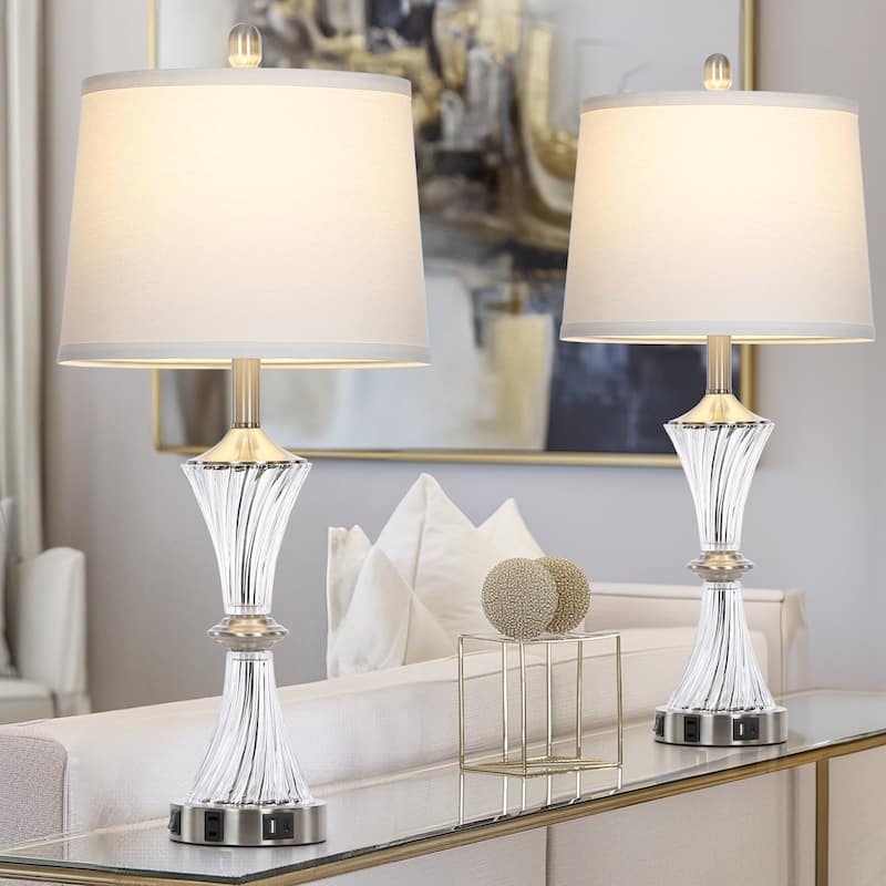 Glass Table Lamps Set with Spiral Ribbed Hourglass Base Texture