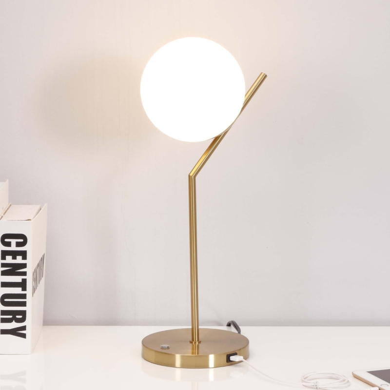 Globe Table Lamp Frosted Glass Shade Polished Brass Pedestal Base