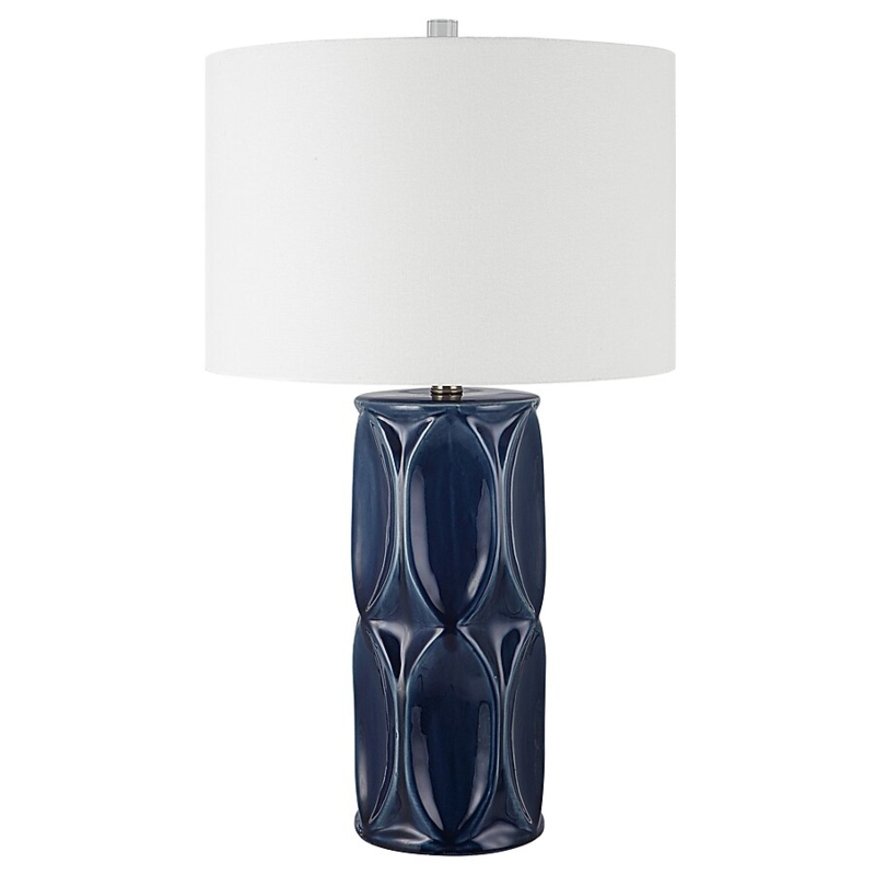 Glossy Ceramic Table Lamp with Horizontal Ribbing and Brushed Nickel