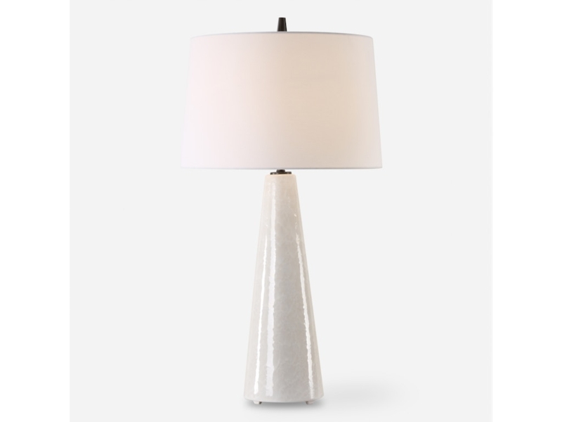Glossy Crackle Glaze Table Lamp, Ceramic with Bronze Pedestal Base.