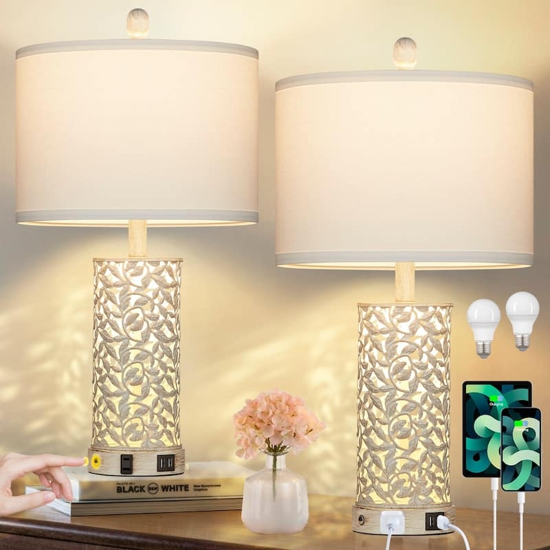 Gold Table Lamp Set Charging Station Clear Glass Nightlight