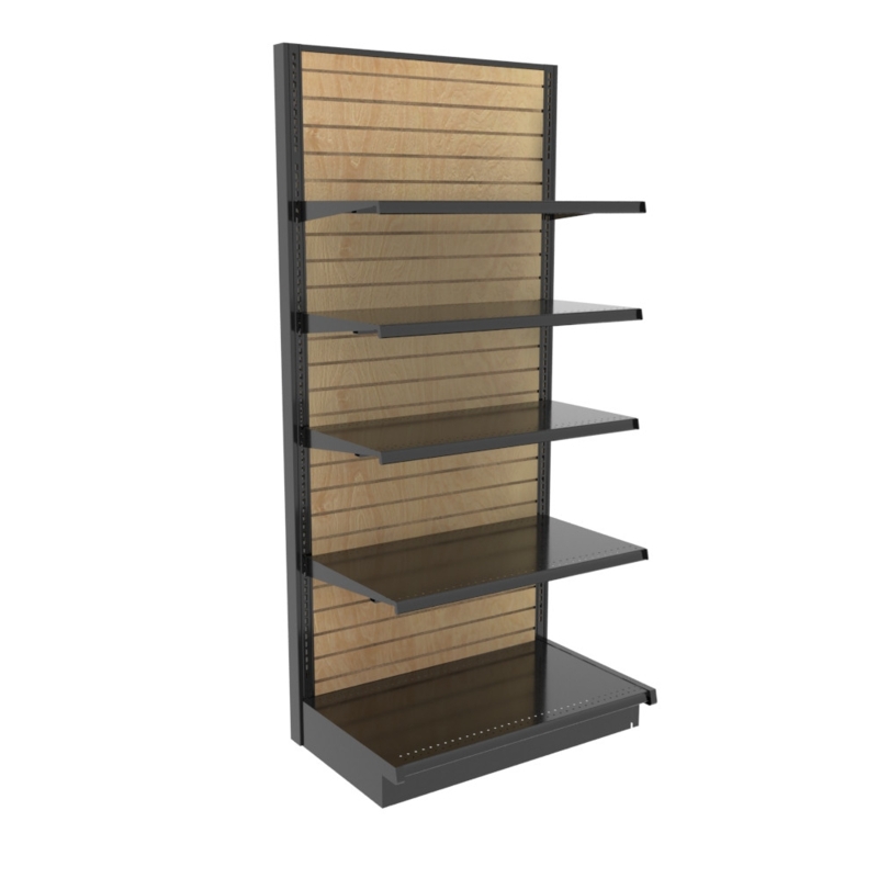 Gondola Shelving: Slatwall Back Charcoal Metal Wood Toned, Industrial Style