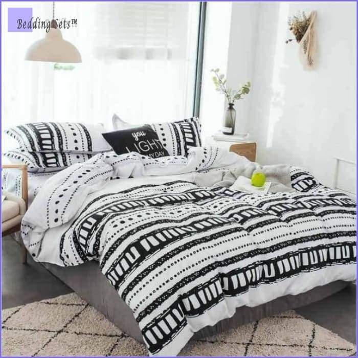 Gray Bedding Set with Ochre Mountain Motif, Nordic Geometric Pattern
