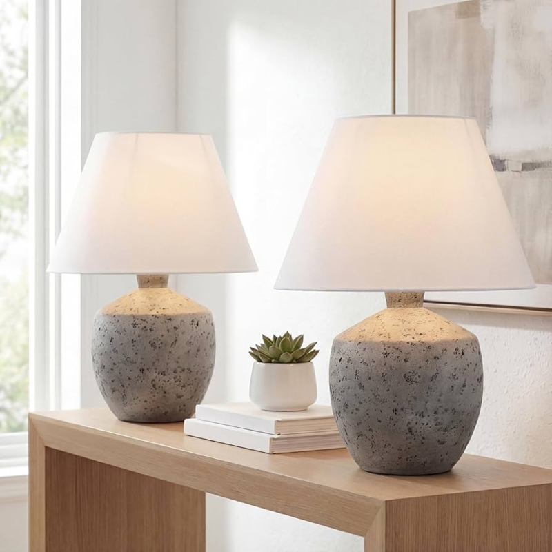 Gray Concrete Effect Table Lamps Set of 2 with Linen Shades