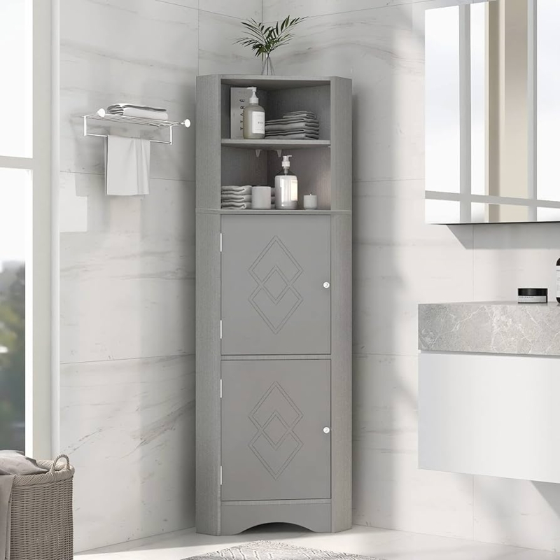 Gray Corner Cabinet with Glass Paneled Door and Tiered Storage