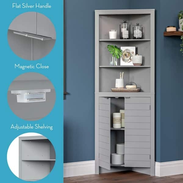 Gray Corner Linen Cabinet: Tall Storage with Beadboard Detail