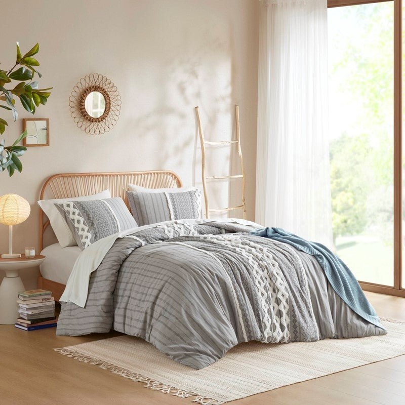 Gray Cotton Duvet Cover Set with Raised Chenille Tufting