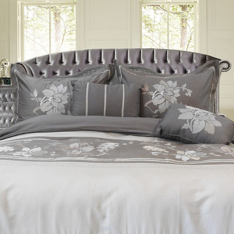 Gray Duvet Cover Set Cotton White Floral Embroidery Botanical