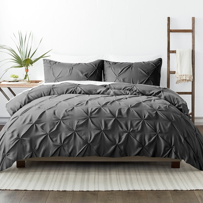 Gray Duvet Cover Set Pinch Pleat Texture Contemporary Tailored