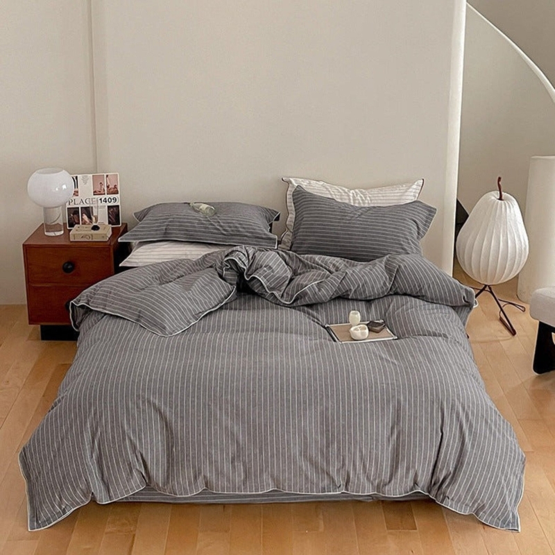 Gray Linen Like Bedding Set Overlock Striped Scandinavian Duvet