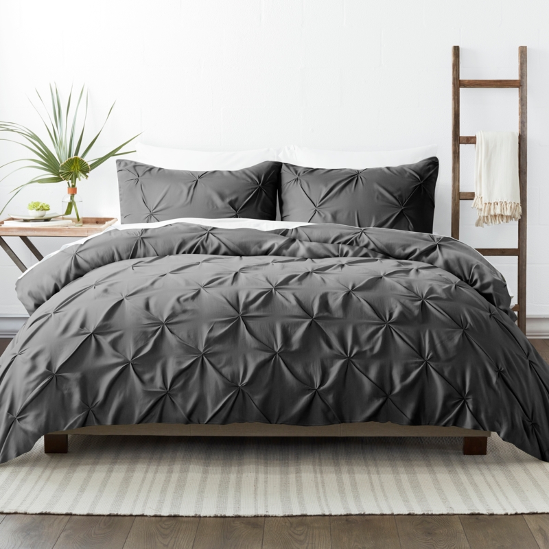 Gray Pinch Pleat Duvet Cover Set Textured Contemporary Bedding