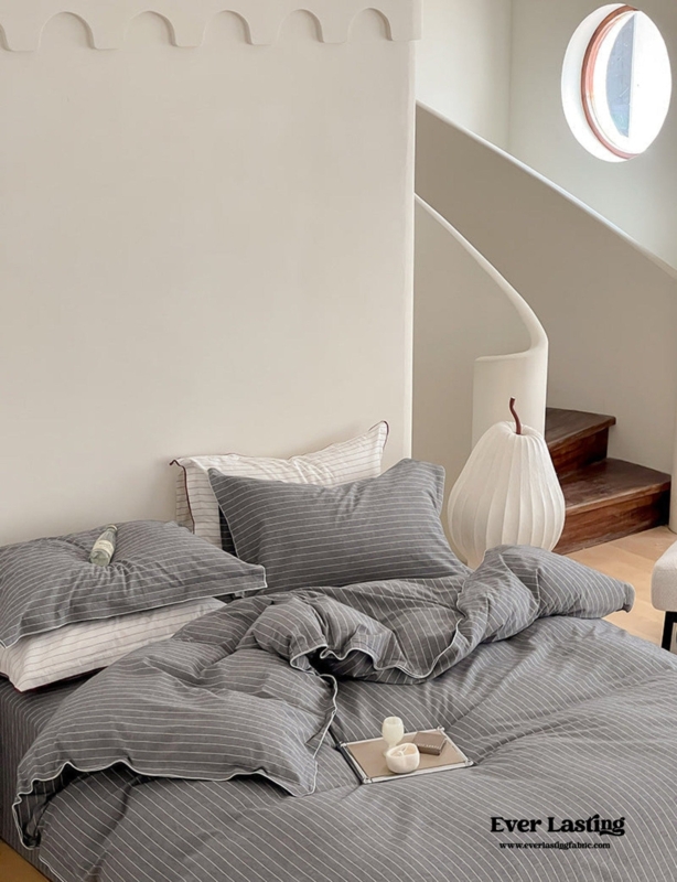 Gray Pinstripe Bedding Set Overlock Stitching Scandinavian Style