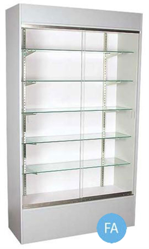 Gray Retail Display Case: Tall Wall Unit with Integrated Top Lighting