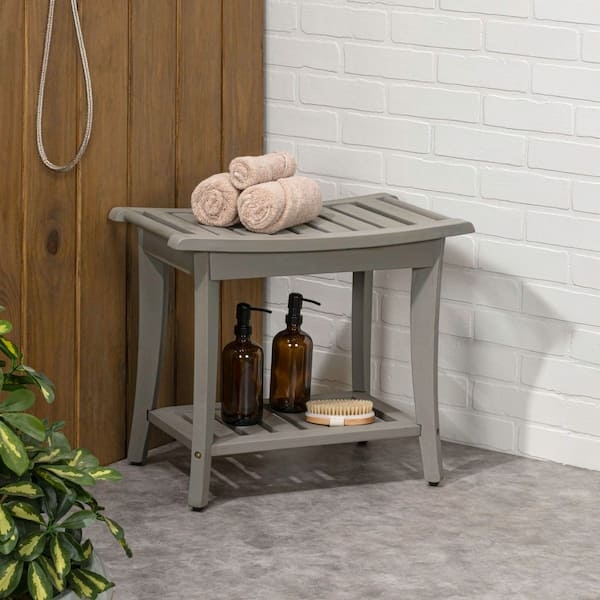 Gray Shower Bench with Built-In Handle and Traditional Slatted Shelf