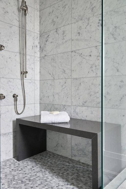 Gray Stone Walk-In Shower Seat Waterfall Edge Mitered Corners
