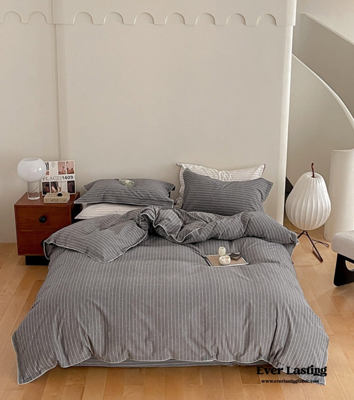 Gray Striped Bedding Set with Overlock Stitching, Textured Linen-Like