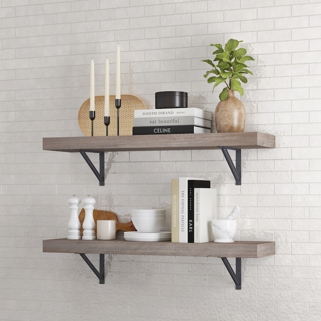 Gray Wood Grain Wall Shelf with Thick Profile and Matte Finish