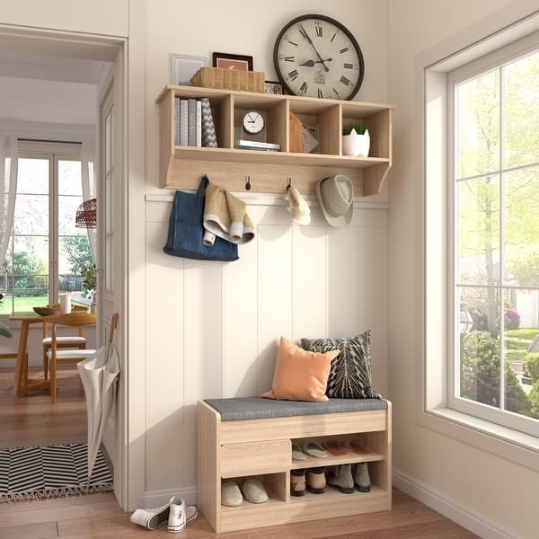 Gray Wood Wall Mounted Coat Rack with Top Shelf & Four Double Hooks