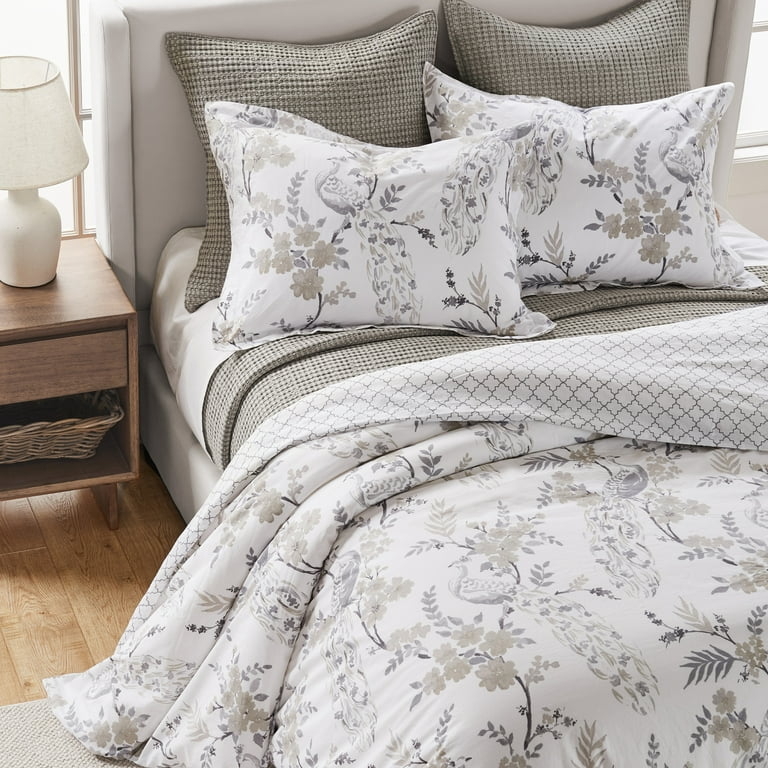 Grey and Taupe Floral Duvet Set Peacock Motif Modern Farmhouse Style