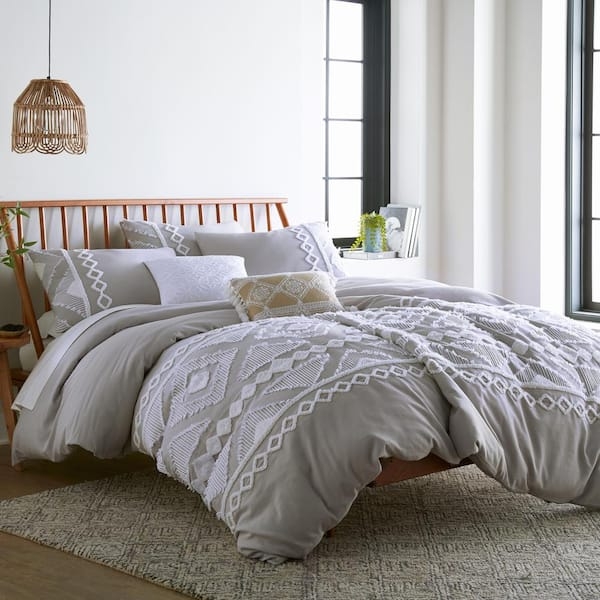 Grey Cotton Duvet Cover Set with Tufted Chenille Geometric Pattern