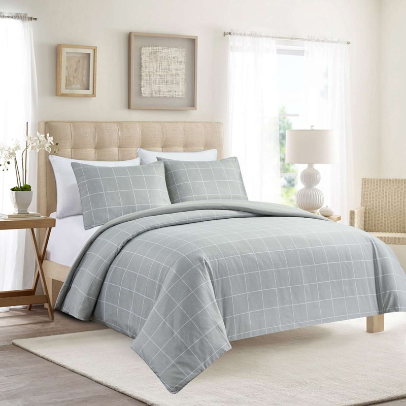Grey Duvet Cover Set Windowpane Grid Pattern Charcoal