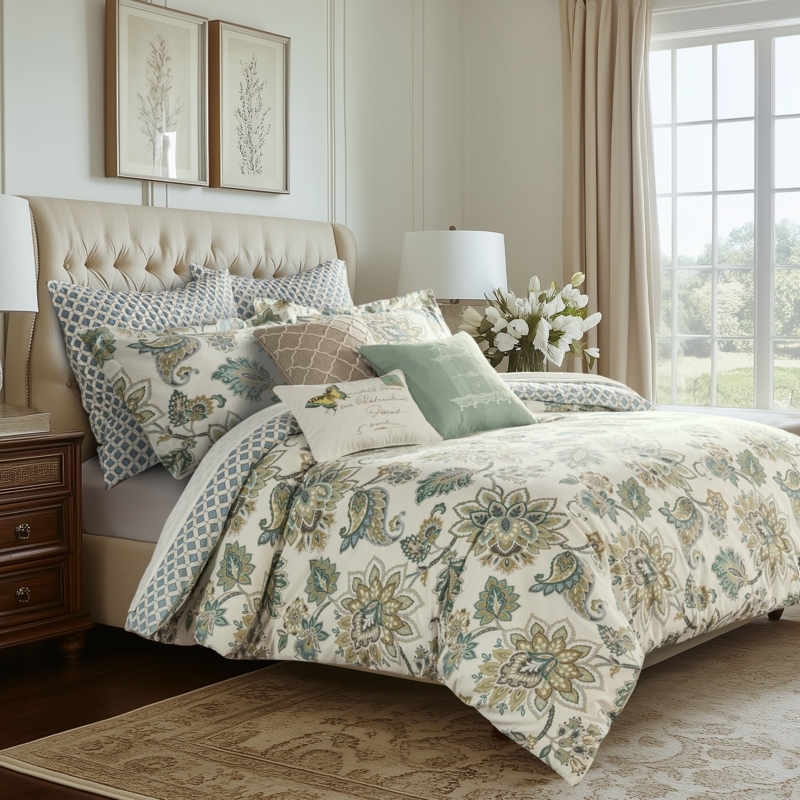 Grey Floral Comforter Set: Sage Green Accents Transitional Quilted Bedding
