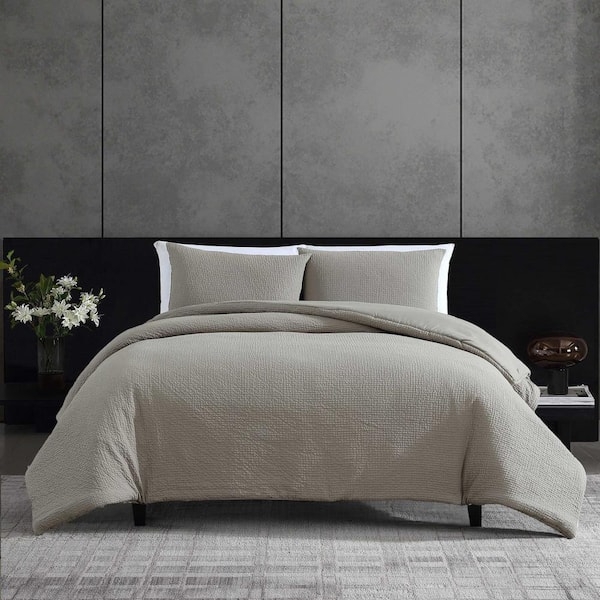 Grey Puckered Grid Texture Duvet Cover Set Cotton Blend Contemporary