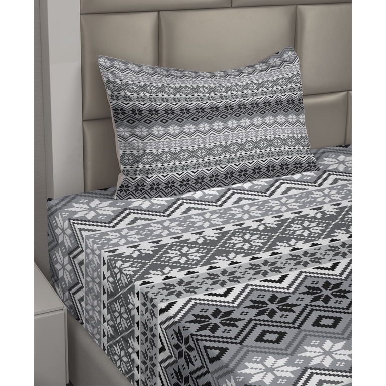Grey Sheet Set Faux Knit Print Snowflake Motif Cozy Nordic Decor