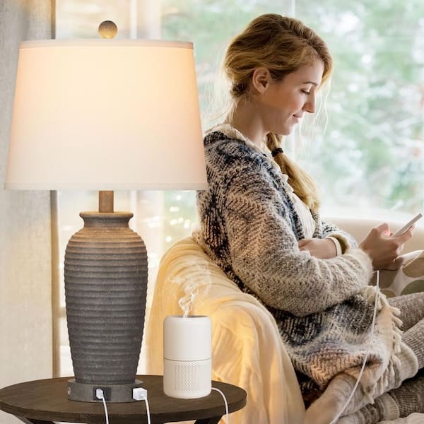 Grey Textured Ceramic Table Lamps with Ribbed Base and USB Charging.