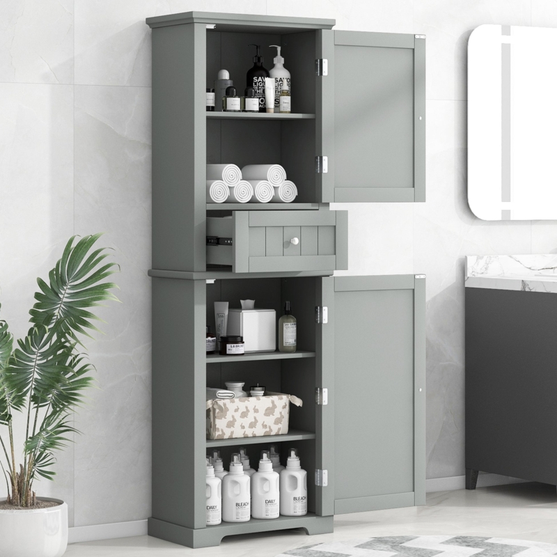 Grey Transitional Linen Cabinet with Glass Door and Drawer