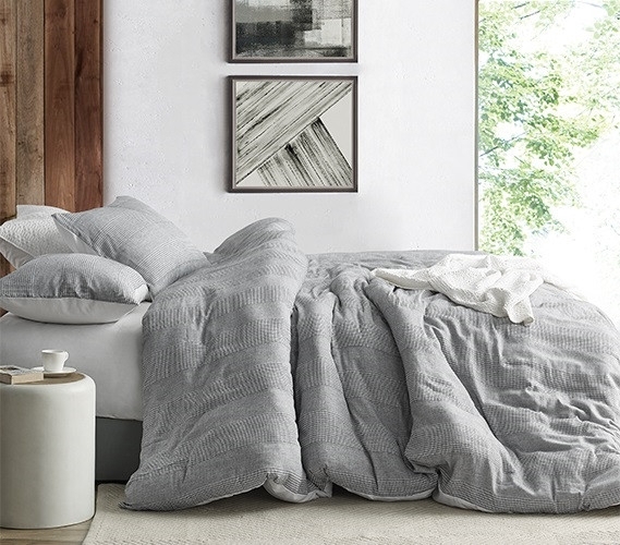Grey Waffle Weave Duvet Set Modern Minimalist Dorm Room Bedding