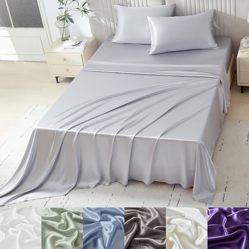 Gunmetal Gray Shimmering Bed Set against Wood Slat Headboard