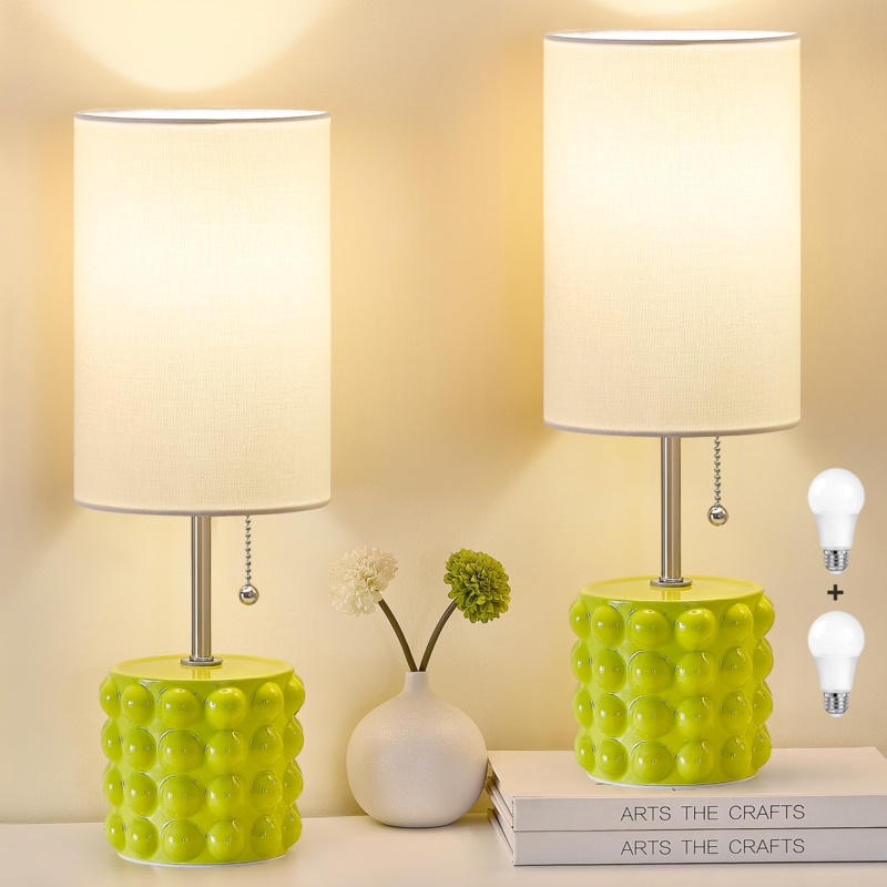 Hammered Ceramic Table Lamps Sage Green Glaze Pull Chain