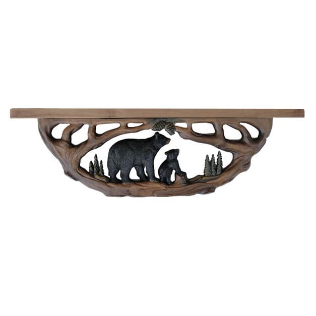 Hand Carved Bear Motif Wall Shelf, Rustic Lodge Style Cabin Decor