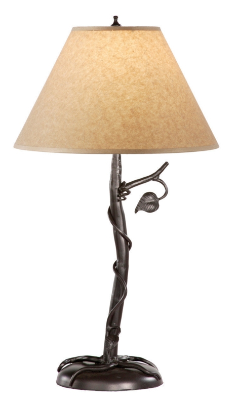 Hand-Forged Iron Table Lamp with Twig-like Base & Leaf Vein Shade