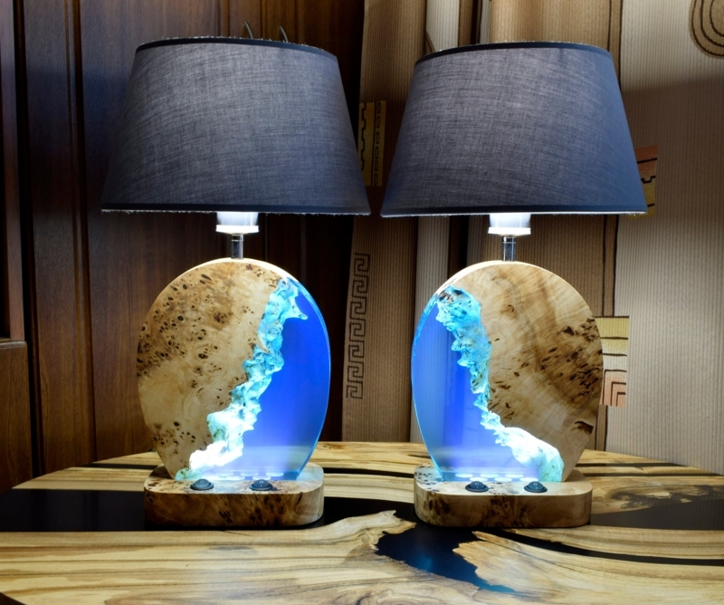 Handcrafted Live Edge Table Lamp, Blue Resin & Wood Base.